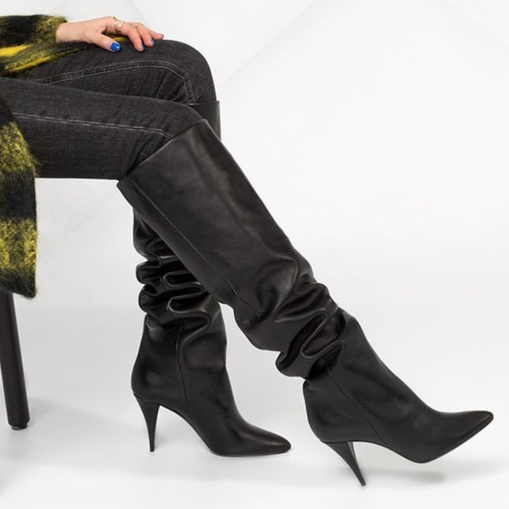 SAINT LAURENT KIKI 90mm Black Leather Over The Knee Heel Boots 40 - Picture 10 of 13